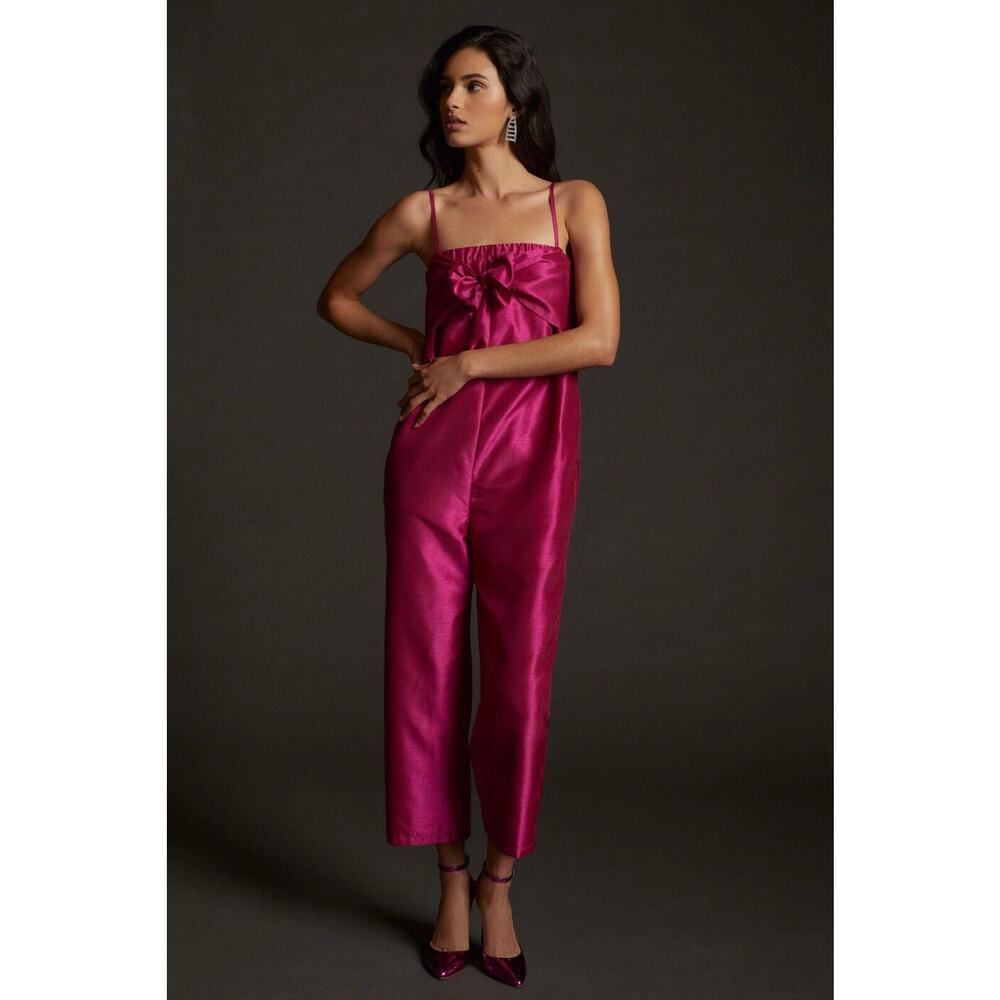 Hutch Anthropologie Womens Bow Tie Satin Jumpsuit Size‎ Medium Pink Holiday
